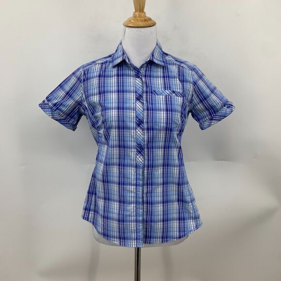 Mountain Hardwear Plaid Shirt Womens S Small Blue Nylon Blend Hidden Button Up - Picture 2 of 12